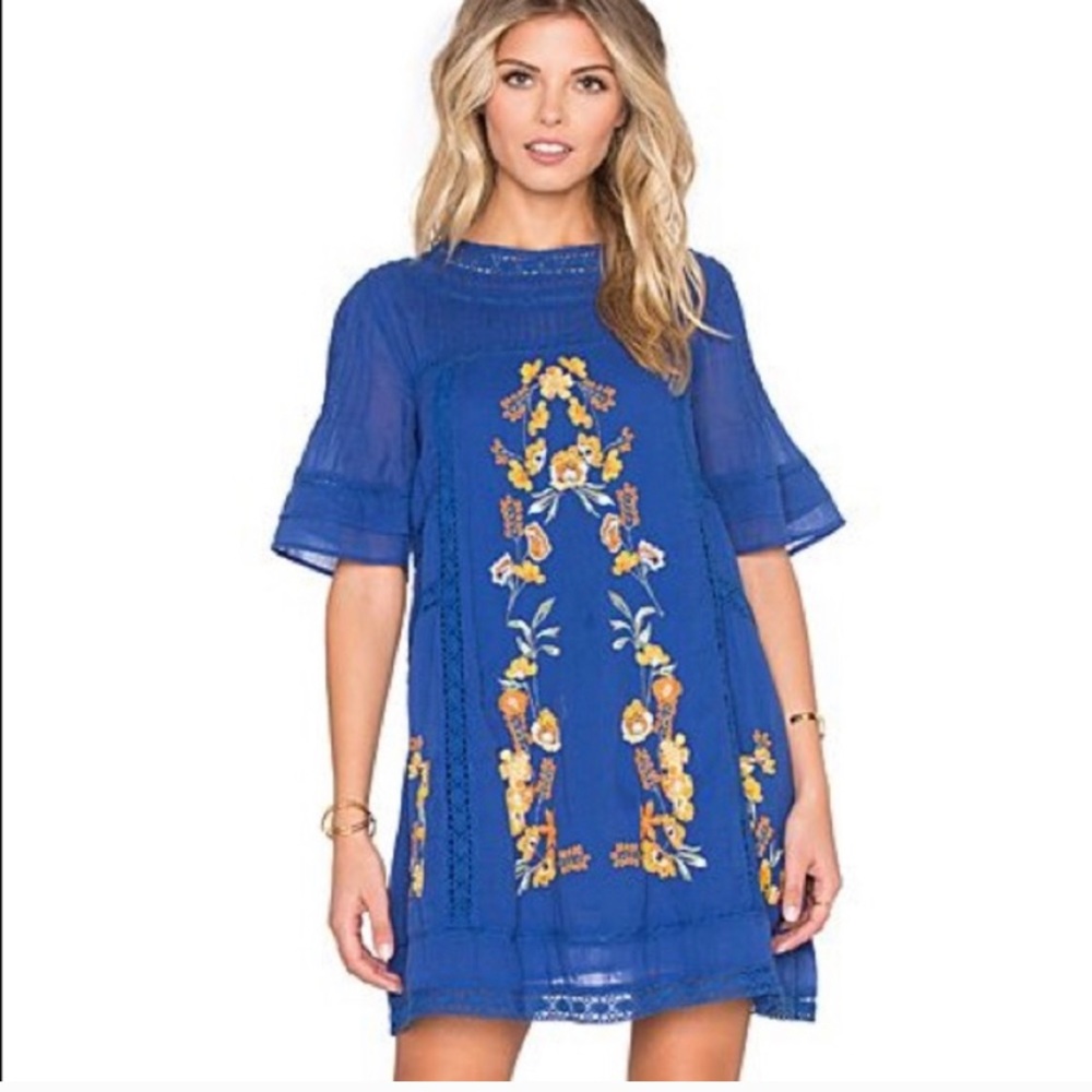 Free People Blue Floral Embroidered Dress